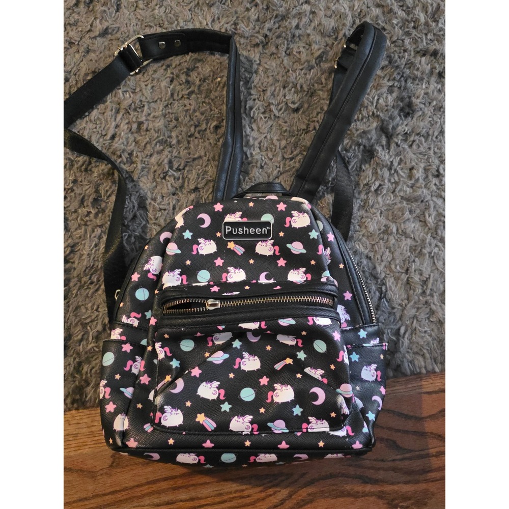 Pusheen Mini Backpack Black Celestial Unicorn Cat Stars Planets Faux Leather